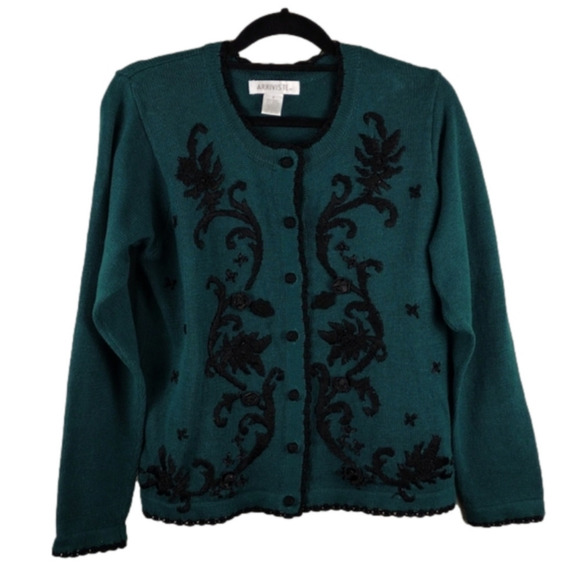 Arriviste Dark Green Embroidered Long Sleeve Button Front Cardigan Sweater - Picture 1 of 10